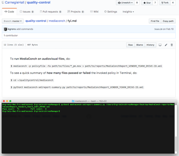 Carnegie Hall Github page for MediaConch commands with terminal window